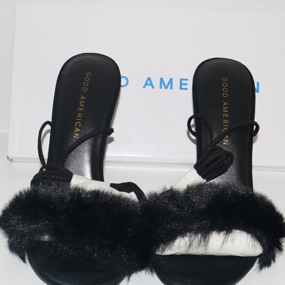 Good American Fluff Wrap Heeled Sandals Black Faux Fur Stiletto 4in Size 7 - Picture 2 of 6